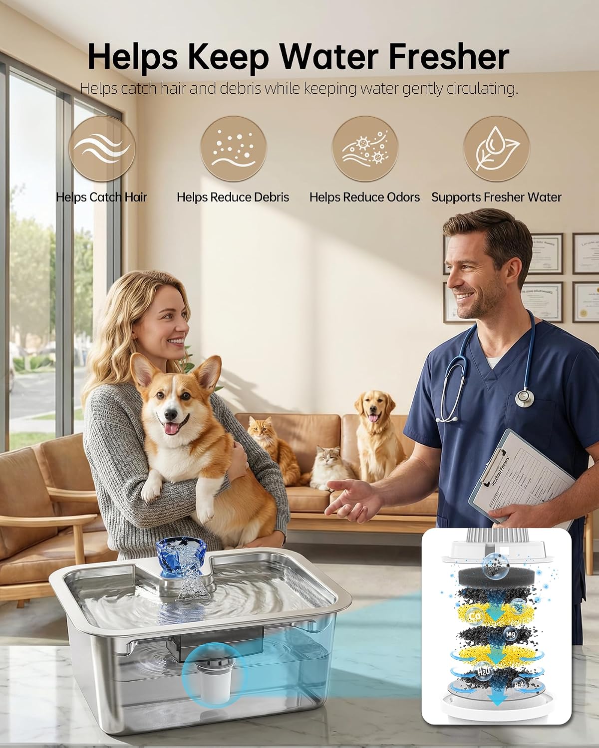 10L (2.64 Gallon) Dog Water Fountain with Silicone Mat, Stainless Steel Pet Water Dispenser with 6 Filters, Quiet Automatic Water Bowl for Large Dogs and Multi-Pet Homes, Easy to Clean