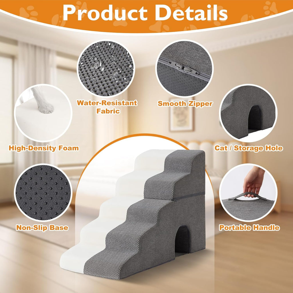 Ahpmeoa Dog Stairs for Bed 23'' H, 5-Step Dog Steps for High Bed, Grey