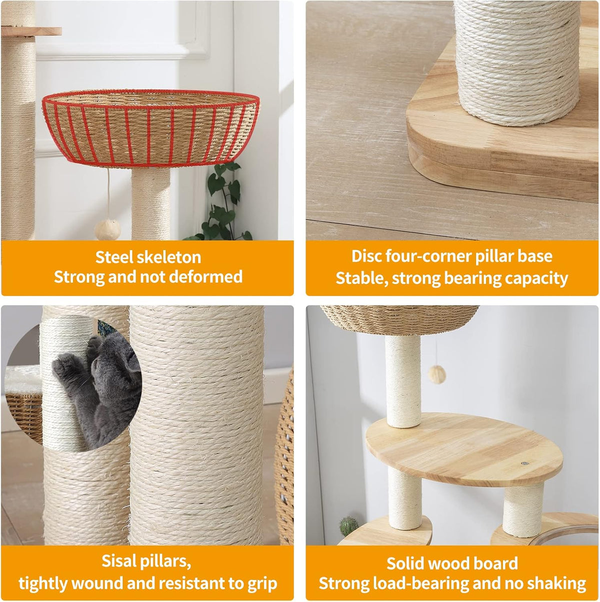 59-Inch Modern Cat Tree Tower for Large Indoor Cats, Handwoven Basket Condo