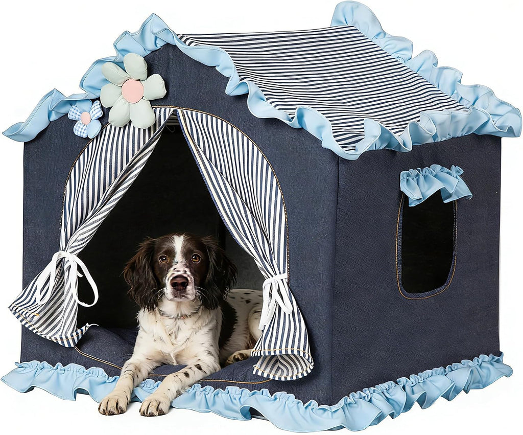 Denim Blue Indoor Dog House Frame Foldable Breathable for Small Dog