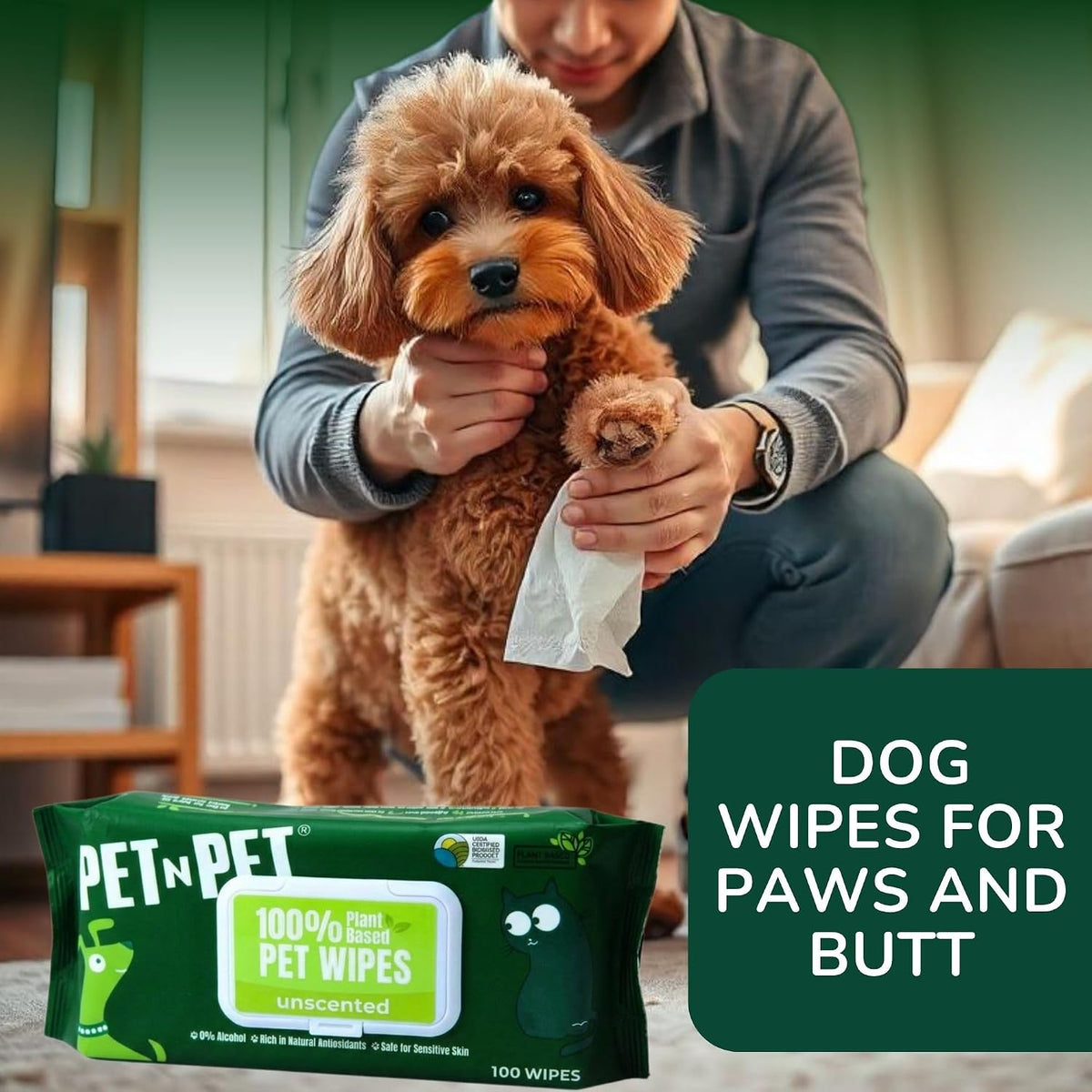 PET N PET 100% Plant Based Dog Wipes for Paws and Butt, 100 Counts Hypoallergenic Unscented Dog Pet Wipes, 8" x 8"