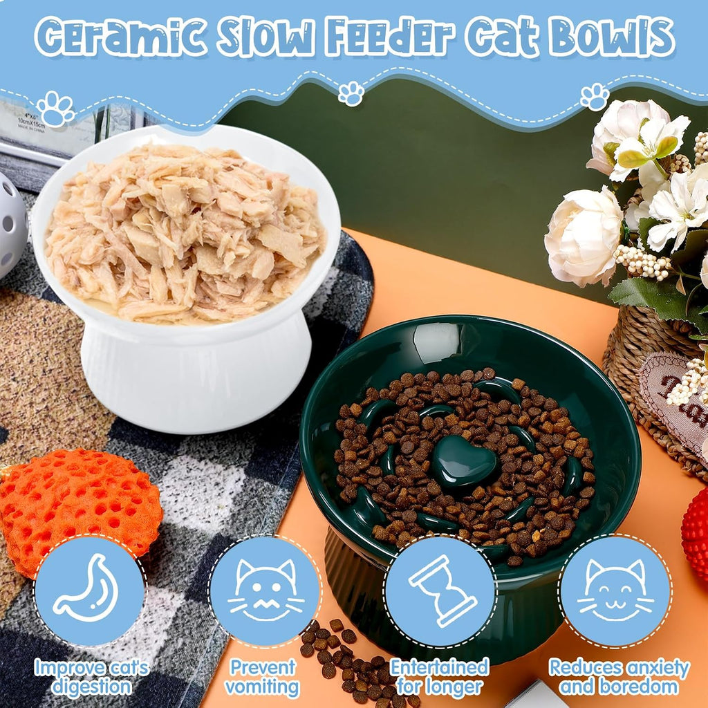 Tioncy 2 Pcs Ceramic Elevated Slow Feeder Cat Bowl, Dark Green, White