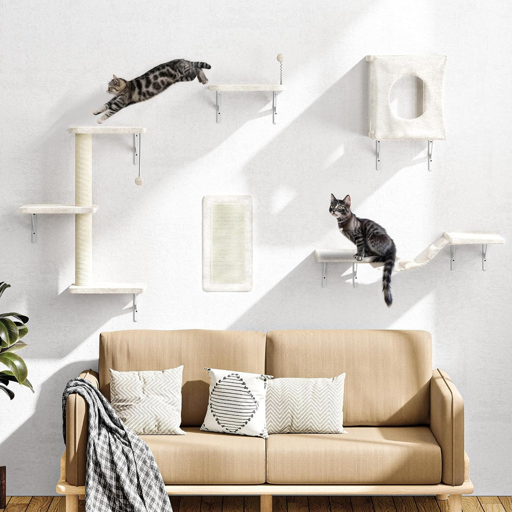 Cat Wall Shelves Set, 5 Pcs Wall-Mounted Cat Shelves, Beige