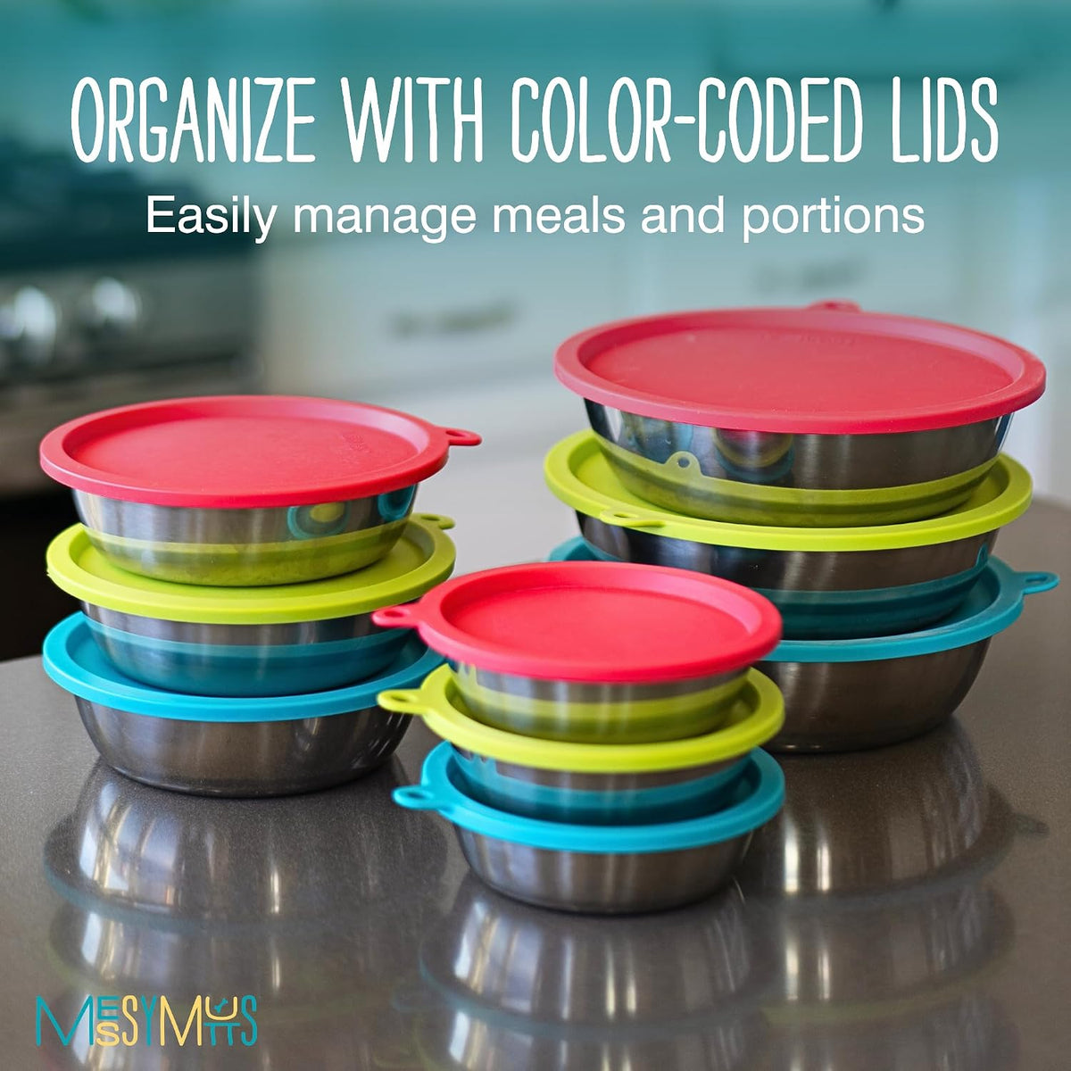 Messy Mutts 6 Piece Set, 3 Stainless Bowls and 3 Silicone Lids, Medium | Set Of Three Stainless Dog Bowls And Three Airtight Silicone Lids For Meal Prep, Storage, And Travel 
