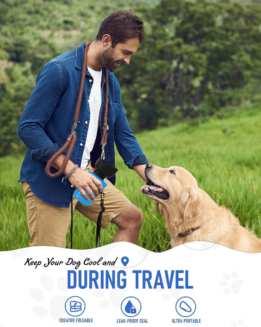Lesotc Dog Water Bottle, Portable Water Dispenser with Bowl, Leak Proof Pet Travel Squeeze Bottle, Puppy Essentials Dog Stuff Accessories for Outdoor Walking, Hiking, Camping, Blue 
