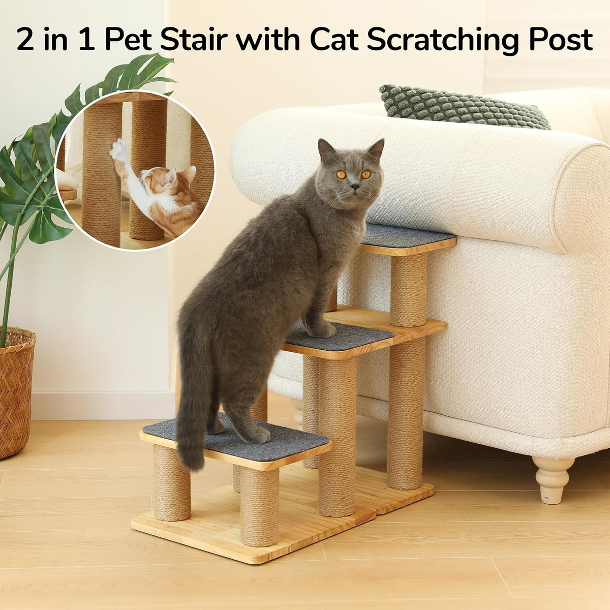 FUKUMARU Dog Stairs, Solid Wood Pet Stairs with Cat Scratching Post