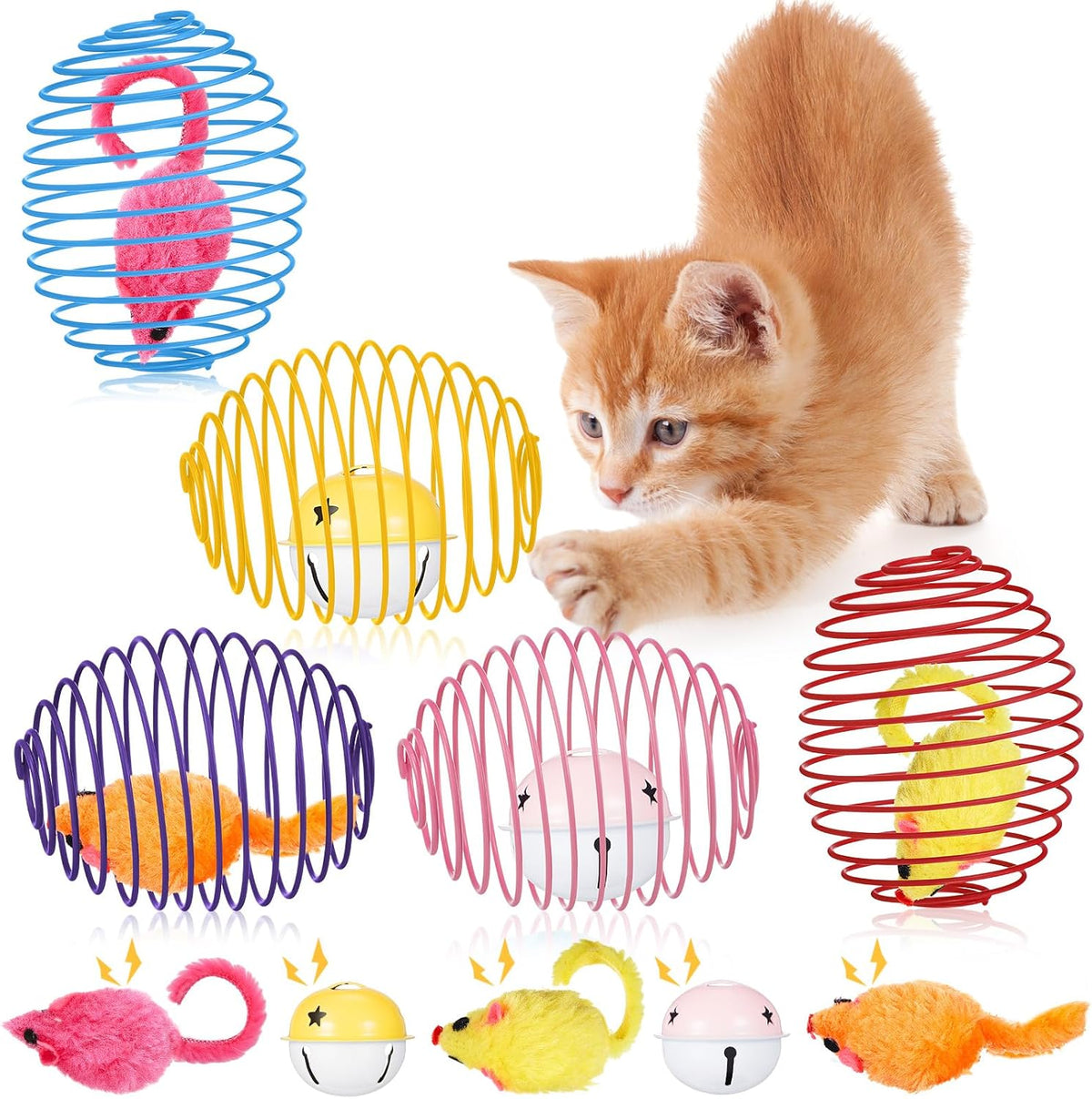 Jecery 5 Pcs Cat Toys Spring,Mouse and Bell,Multicolor
