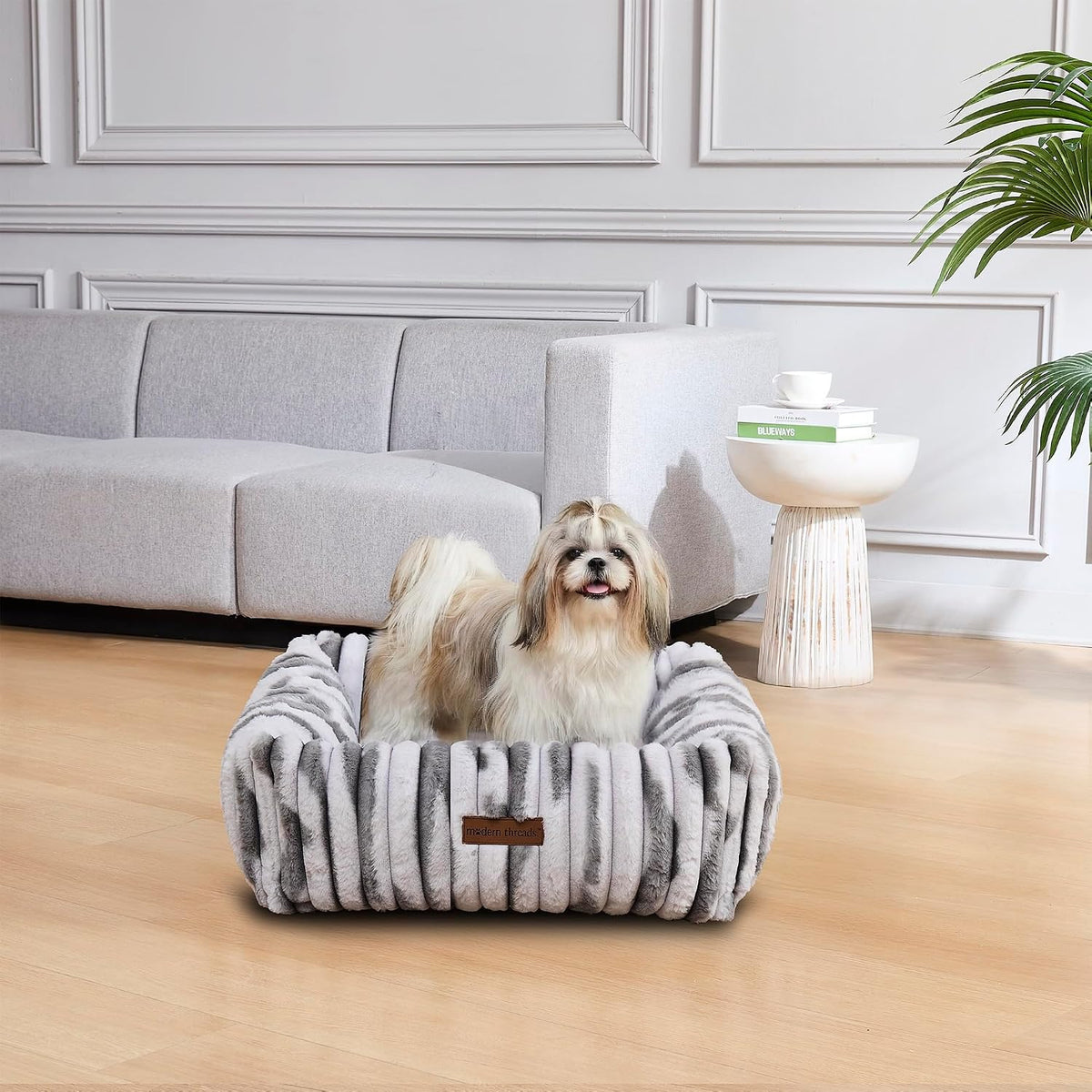 Modern Threads Ribbed Plush Two-Tone Cuddler Dog Bed, Ultra-Soft Faux Rabbit Fur, Supportive Bolstered Sides, Removable Washable Cover, Bed for Small to Medium Dogs, Silver, (24" L x 20" W x 8" Th)