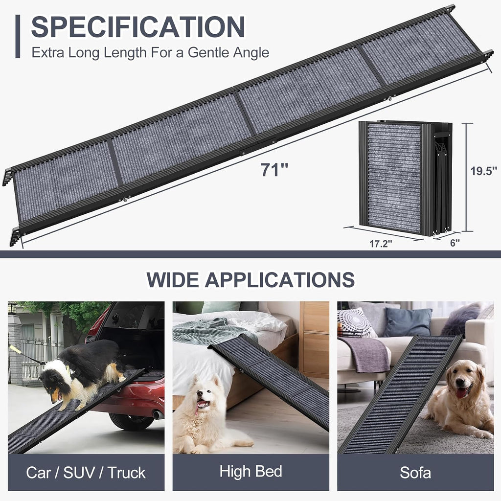 Dog Ramp for Car 71" L × 17.2" W, Extra-Long Foldable Ramp