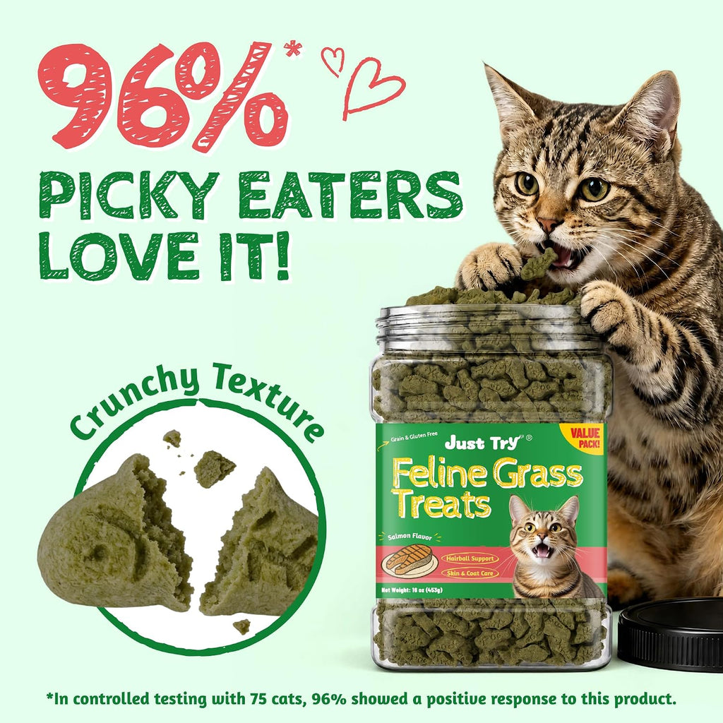 Just Try 16 oz Feline Grass Treats Salmon Flavor Hairball Treats for Cats