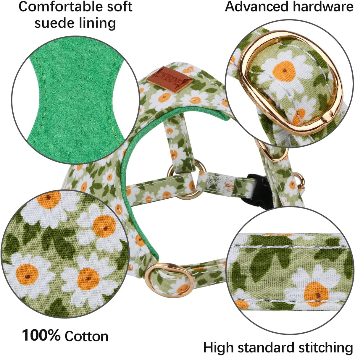 CHEDE No Pull Floral Pattern Dog Harness- Lightweight and Soft Harness, Adjustable Small Dog Harness and Leash Set, with Dog Leash, Suitable for Puppy Small and Medium-Sized Dog (S, Green Daisy)