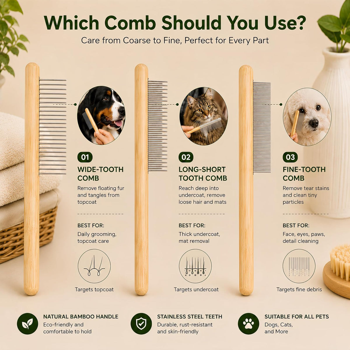 Cat Brush & Comb Grooming Kit, Undercoat Rake Dematting Tool