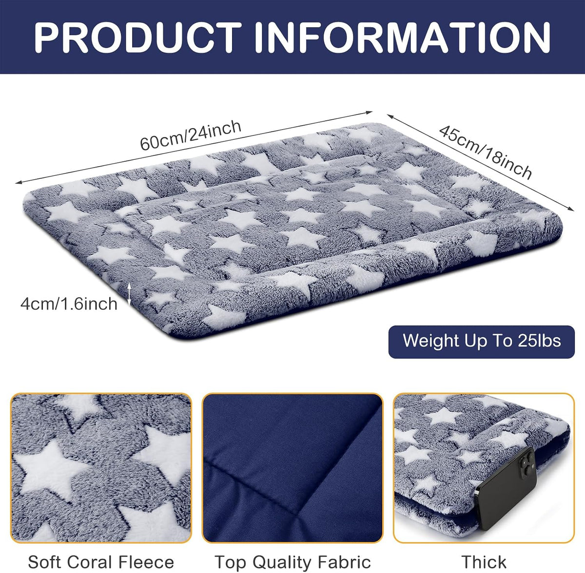 VitalCozy 4 Pcs Dog Crate Pads Soft Warm,18 x 24 x 1.6 Inch,Star,Blue