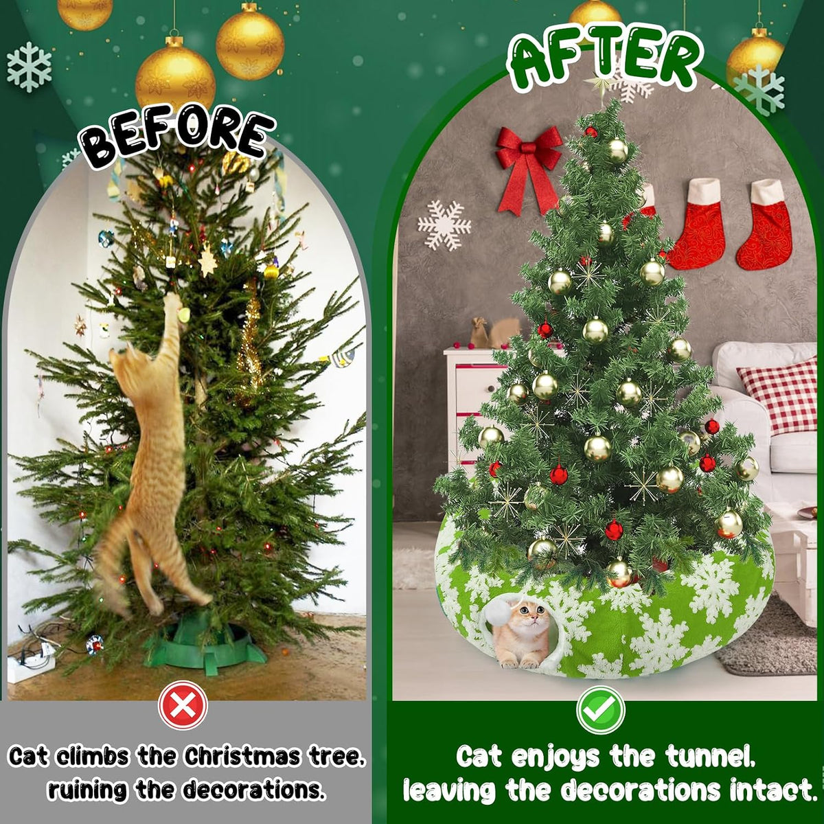 Cat Tunnel Christmas Tree Skirt for 5-7.5ft Trees - Prevent Christmas Tree Falling, Snowflake Patterns Warm Soft Cat Tube Bed with Anti-Slip Mat