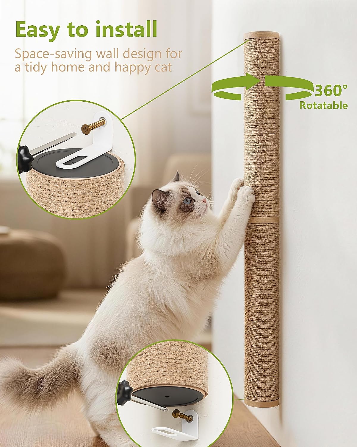 67" Cat Scratching Post Wall-Mounted for Indoor Cats(Wooden-2pc)