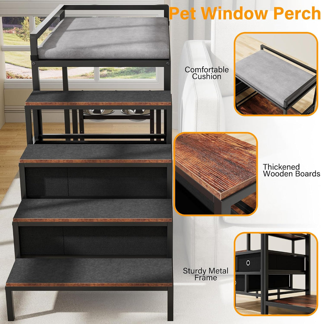 kepptory Dog Window Perch with 360° & Adjustable Raised Feeder, Pet Stairs Ramp with Stairs and Storage, Pet Bunk Bed with Small Pet Step