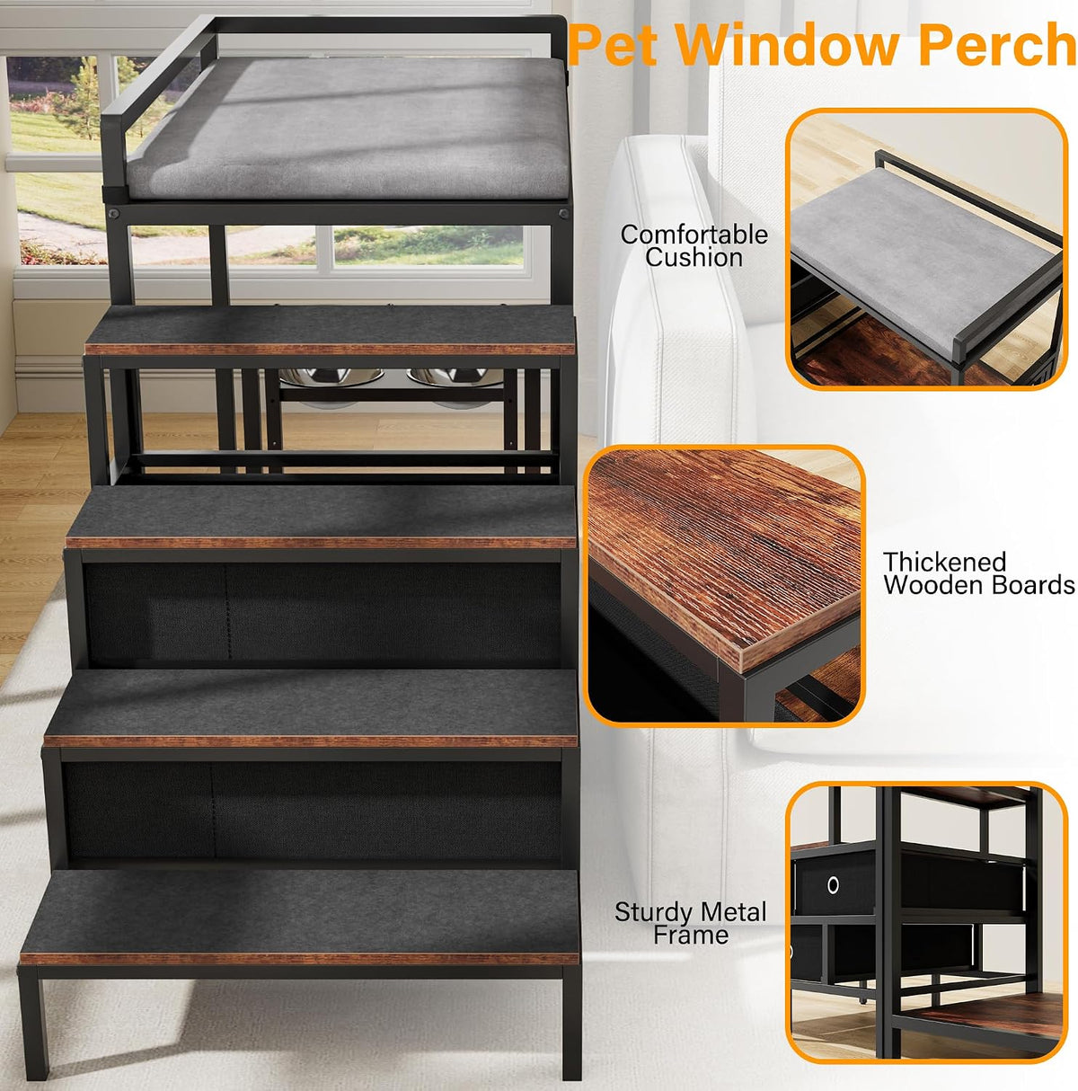 kepptory Dog Window Perch with 360° & Adjustable Raised Feeder, Pet Stairs Ramp with Stairs and Storage, Pet Bunk Bed with Small Pet Step