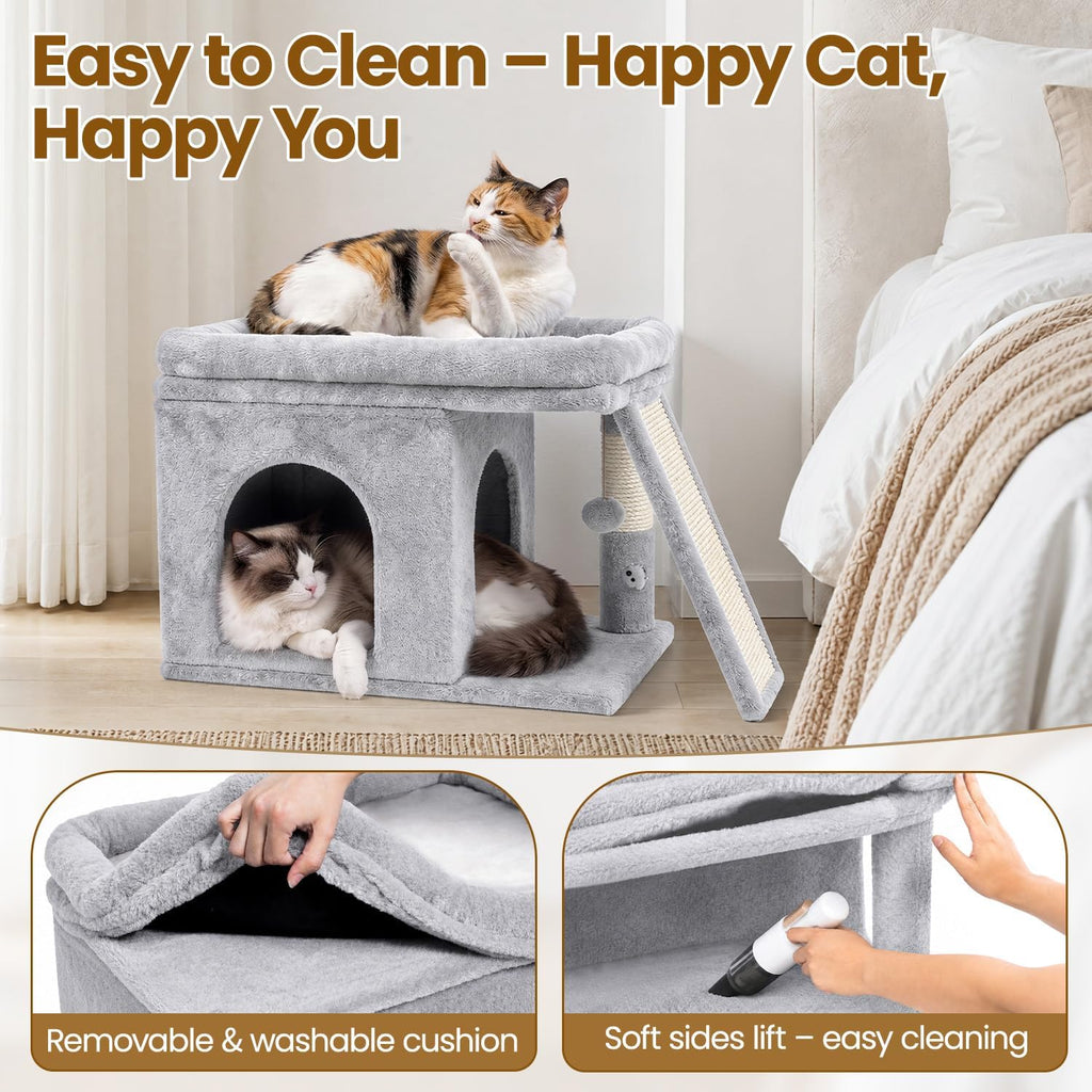 Cat Tree Tower with Scratching Post for Large Kitty, Light Grey