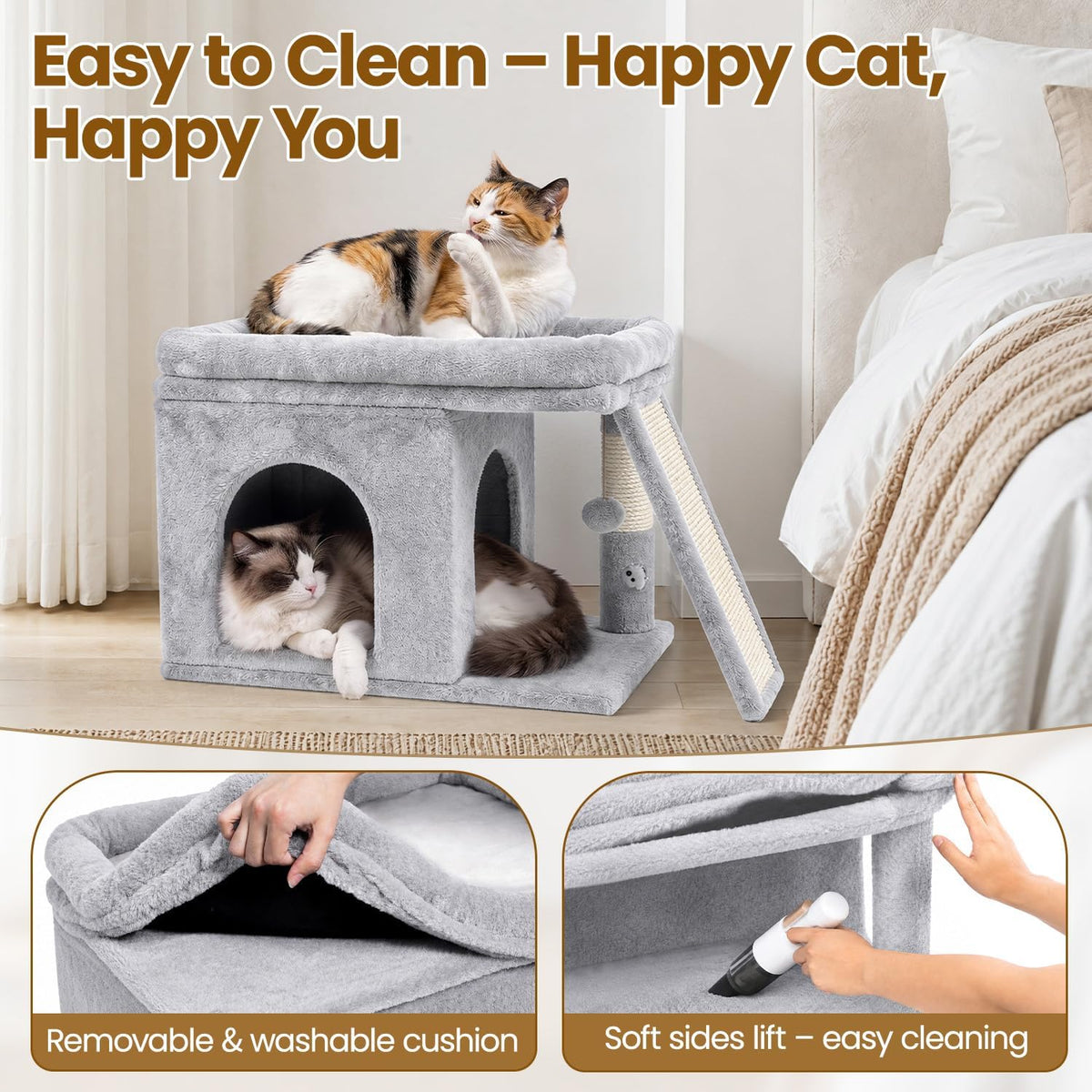 Cat Tree Tower with Scratching Post for Large Kitty, Light Grey