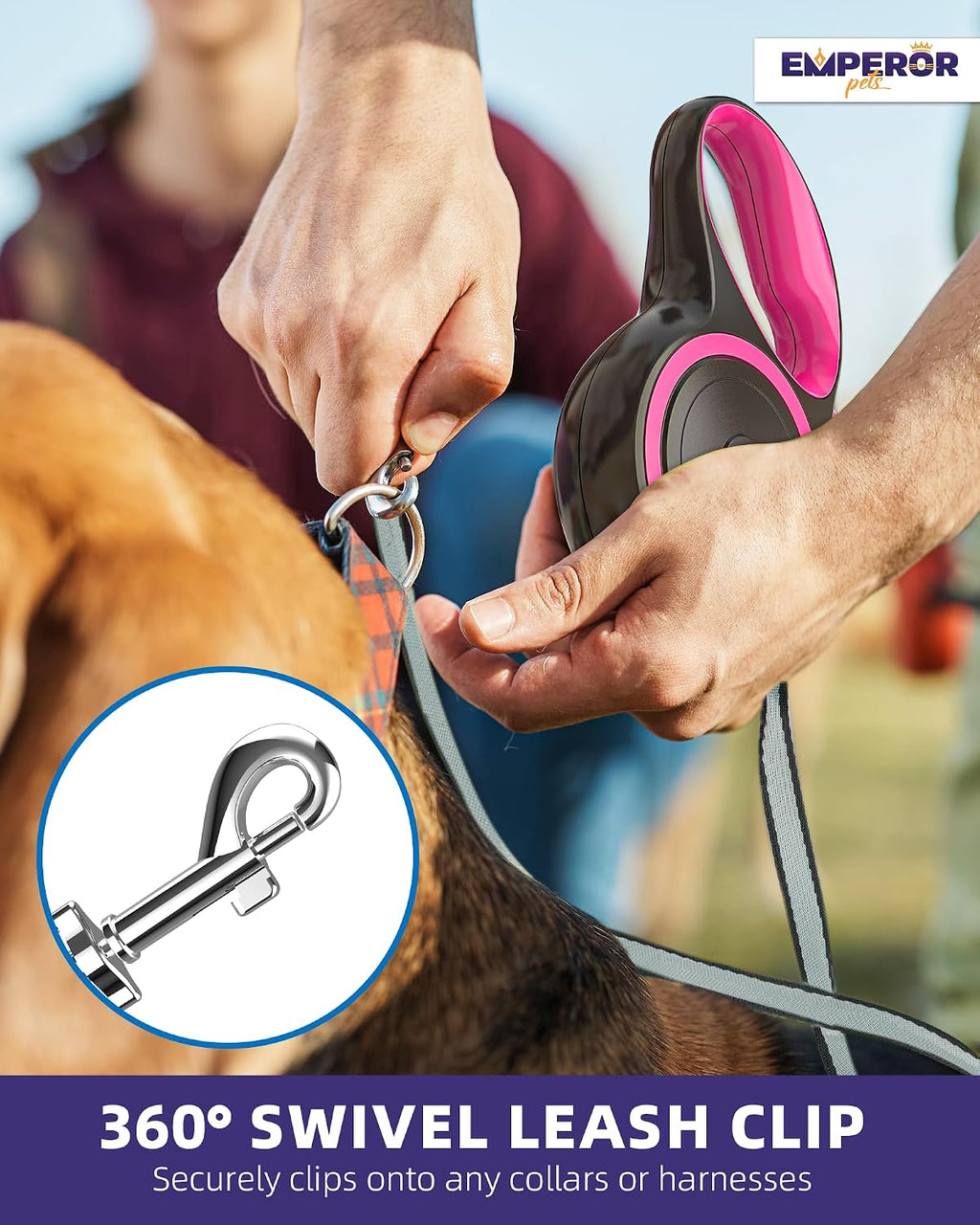 EMPEROR PETS 16.2 ft Retractable Dog Leash, for Dogs 10-110 lbs, Pink