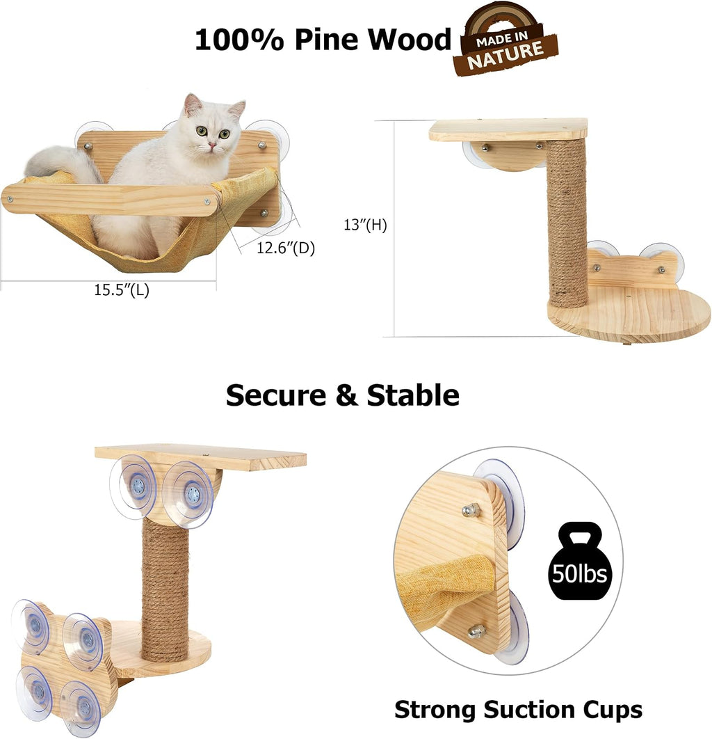 Cat Window Hammock Bed 4pcs/Set Cat Window Perch for Indoor Cats Seat with Two Shelves and One Scratching Post Sunction Cup Mounted