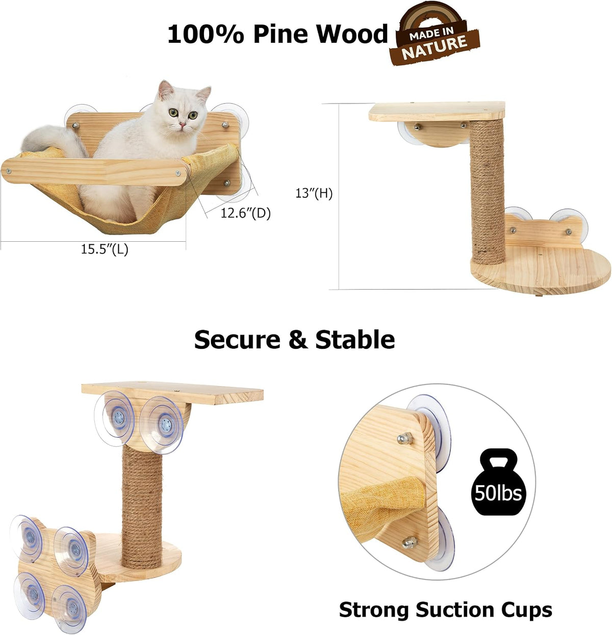 Cat Window Hammock Bed 4pcs/Set Cat Window Perch for Indoor Cats Seat with Two Shelves and One Scratching Post Sunction Cup Mounted
