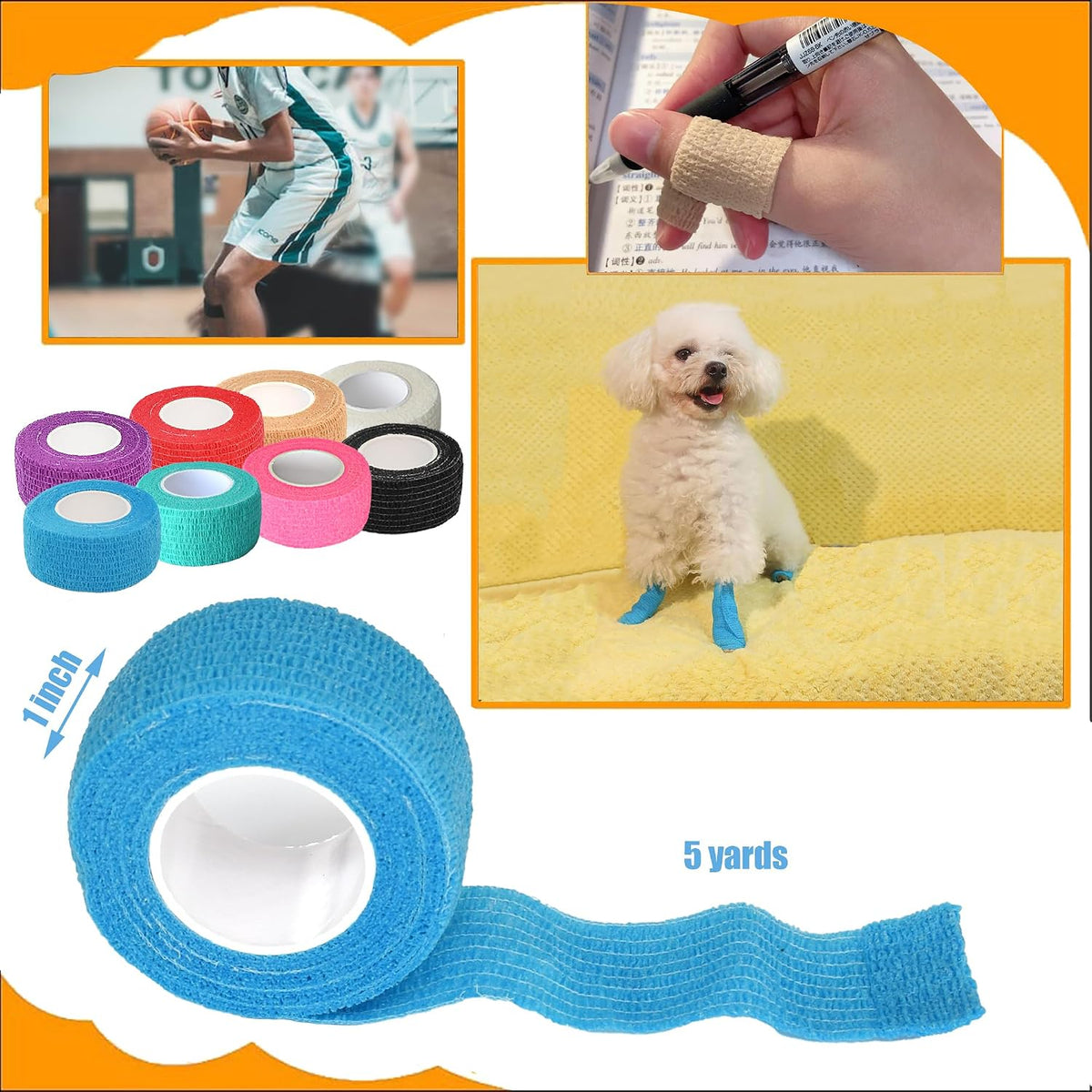 8 Pack 1 x 5 Yards Cohesive Wrap Self Adhesive Bandage Elastic Self Adherent Vet Tape for Athletic, Wrist, Ankle, Knees, Pets (Blue)