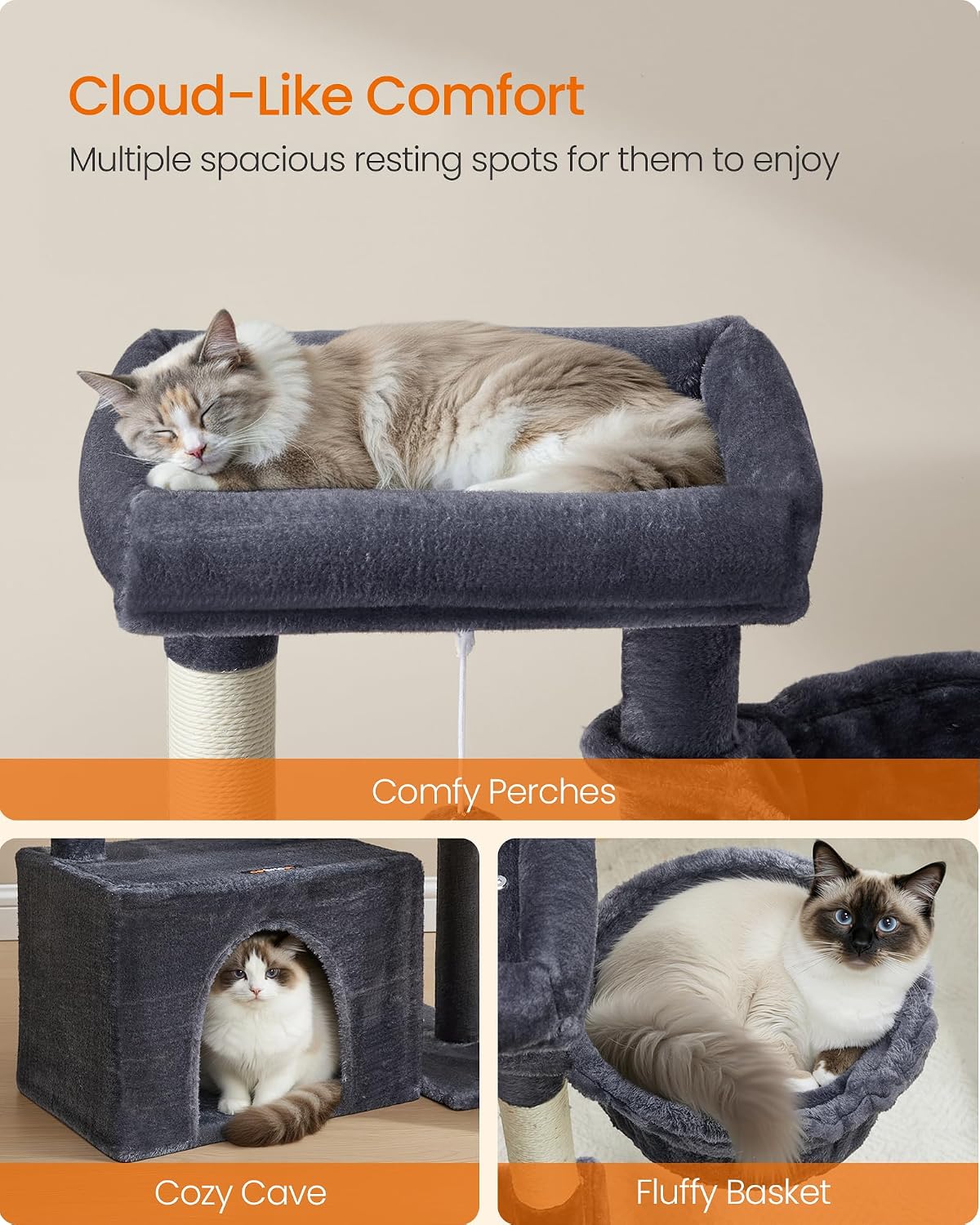 Feandrea Cat Tree, 33.8" Cat Tower, Scratching Posts and Ramp, Dark Gray