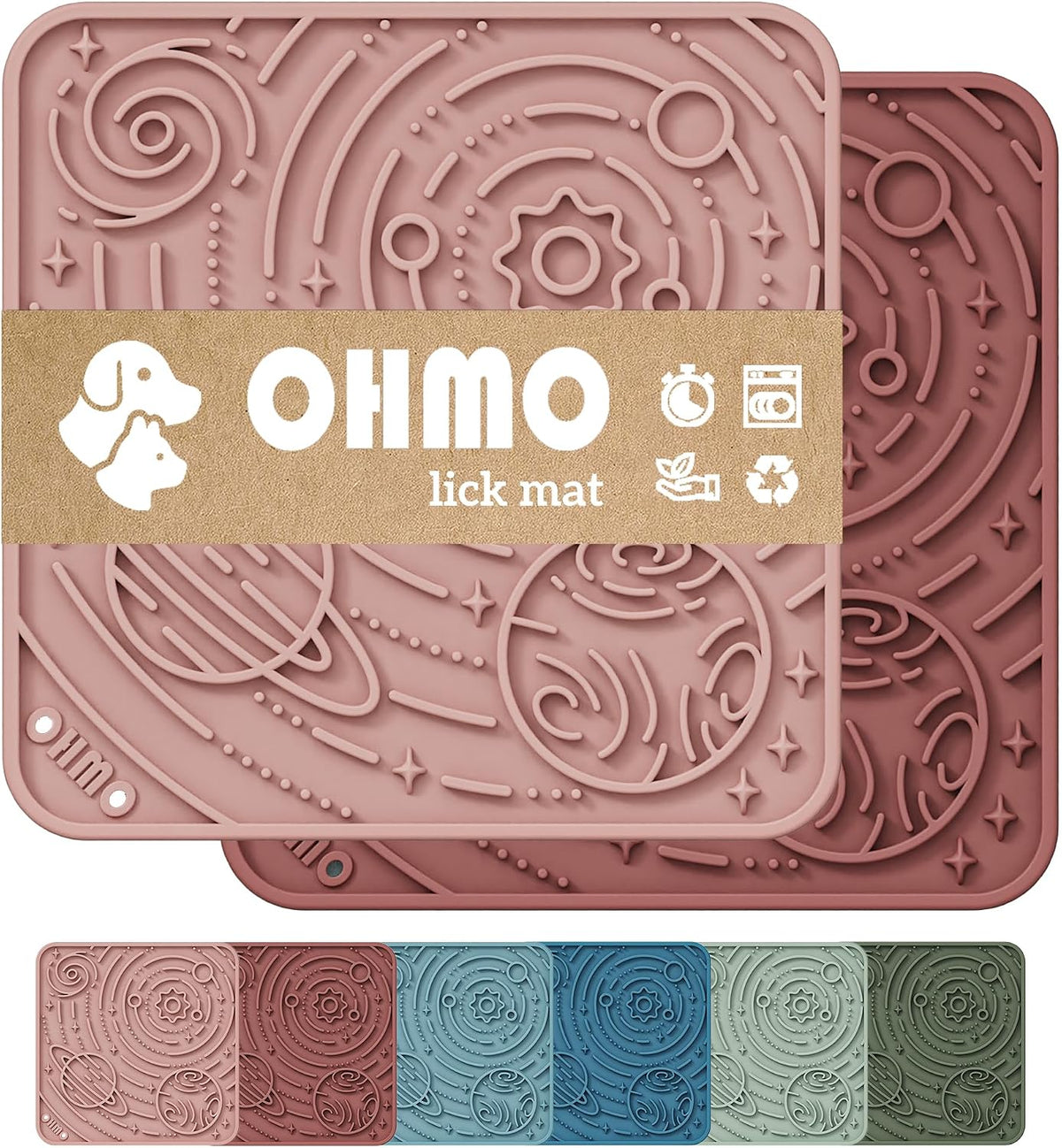 OHMO Lick Mat for Dogs&Cats, Space Pattern, Small, 2pcs, Brick Red&Coral | Pet Enrichment Toys, Slow Feeder, Textured Silicone Surface, Strong Suction Cups, Anxiety&Boredom Relief, Easy-Clean