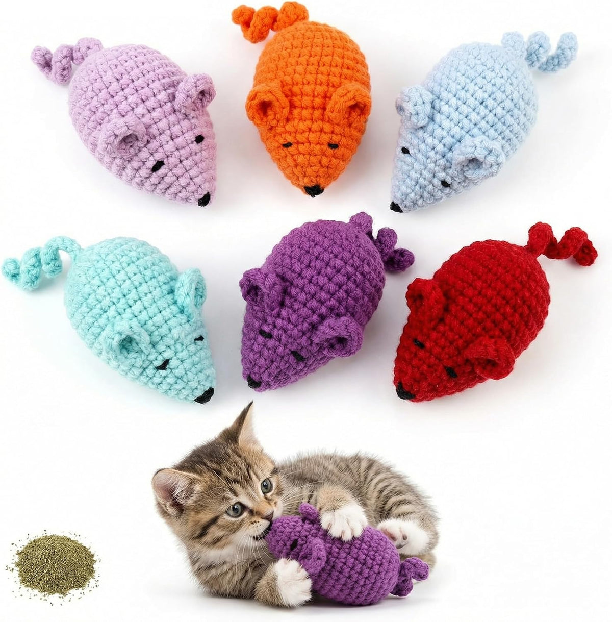 Catnip Toys Crochet Mouse, 6 Pcs Yarn Cat Nip Mice Safe Teeth Cleaning Chew Toy for Indoor Kittens Kitty, Adult Cats Interactive Catnip Cat Kicker Toys Anxiety Relief