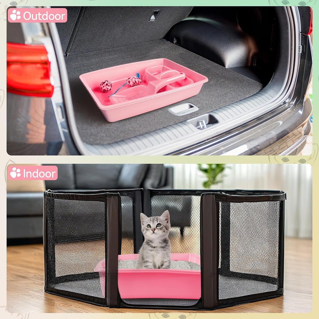 PAWISE Cat Litter Box Set, Small Kitten Starter Kit, Includes Litter Box, Litter Scoop, Double Dish Feeding Bowl, Cat Mouse Toy, Kitty Ball Toy, Pink