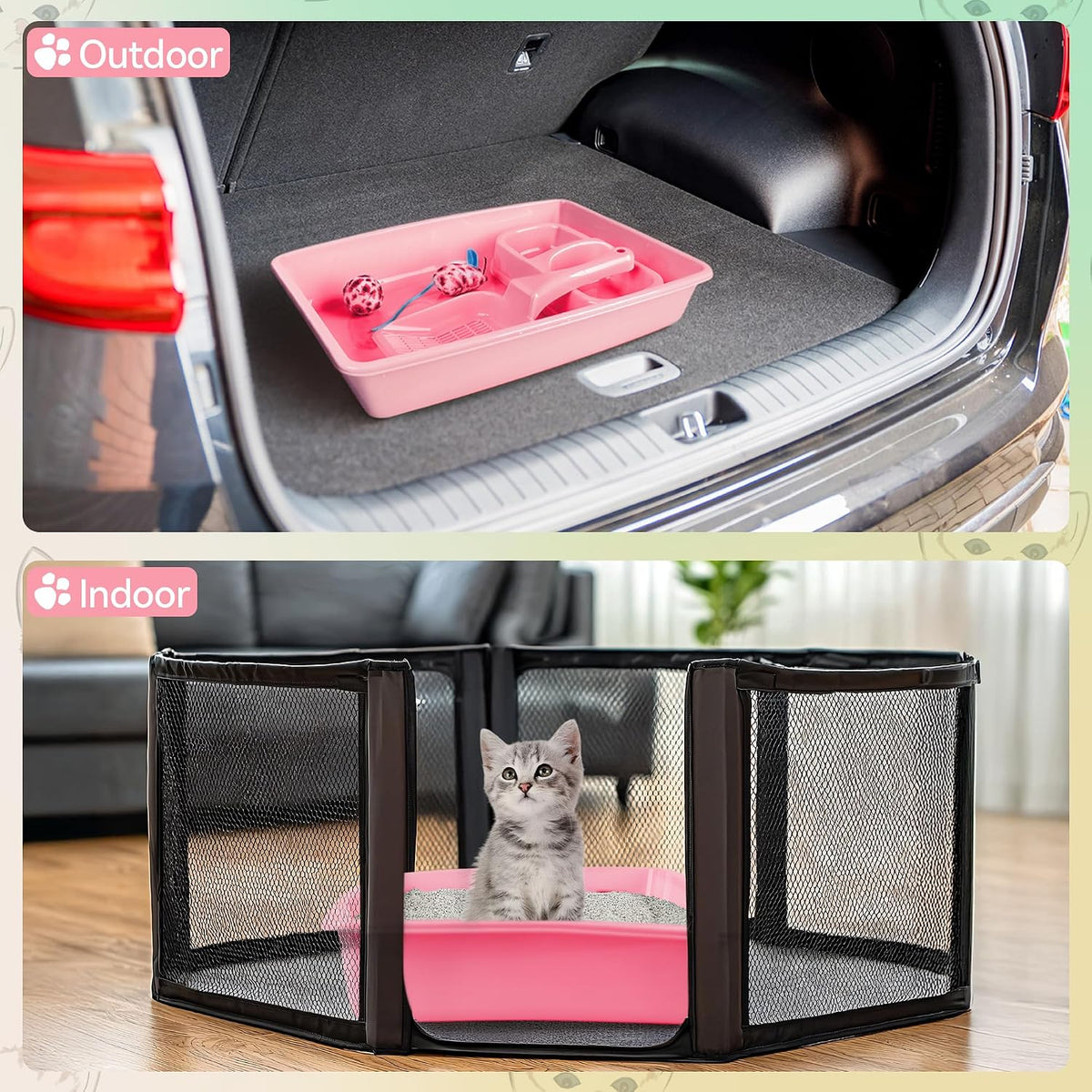 PAWISE Cat Litter Box Set, Small Kitten Starter Kit, Includes Litter Box, Litter Scoop, Double Dish Feeding Bowl, Cat Mouse Toy, Kitty Ball Toy, Pink