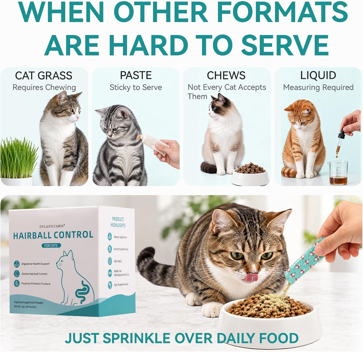 Cat Food Topper Powder, Hairball Support, 30 Packets