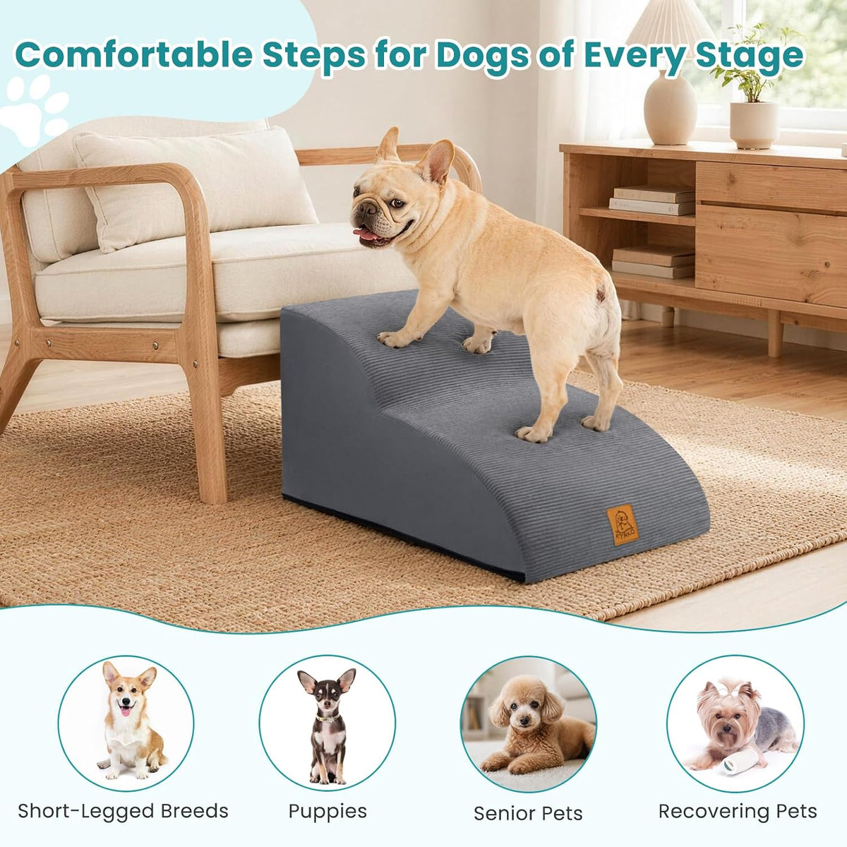 Dog Stairs for Small Dogs and Cats, 2-Step Dog Steps for Couch, 11.8" H