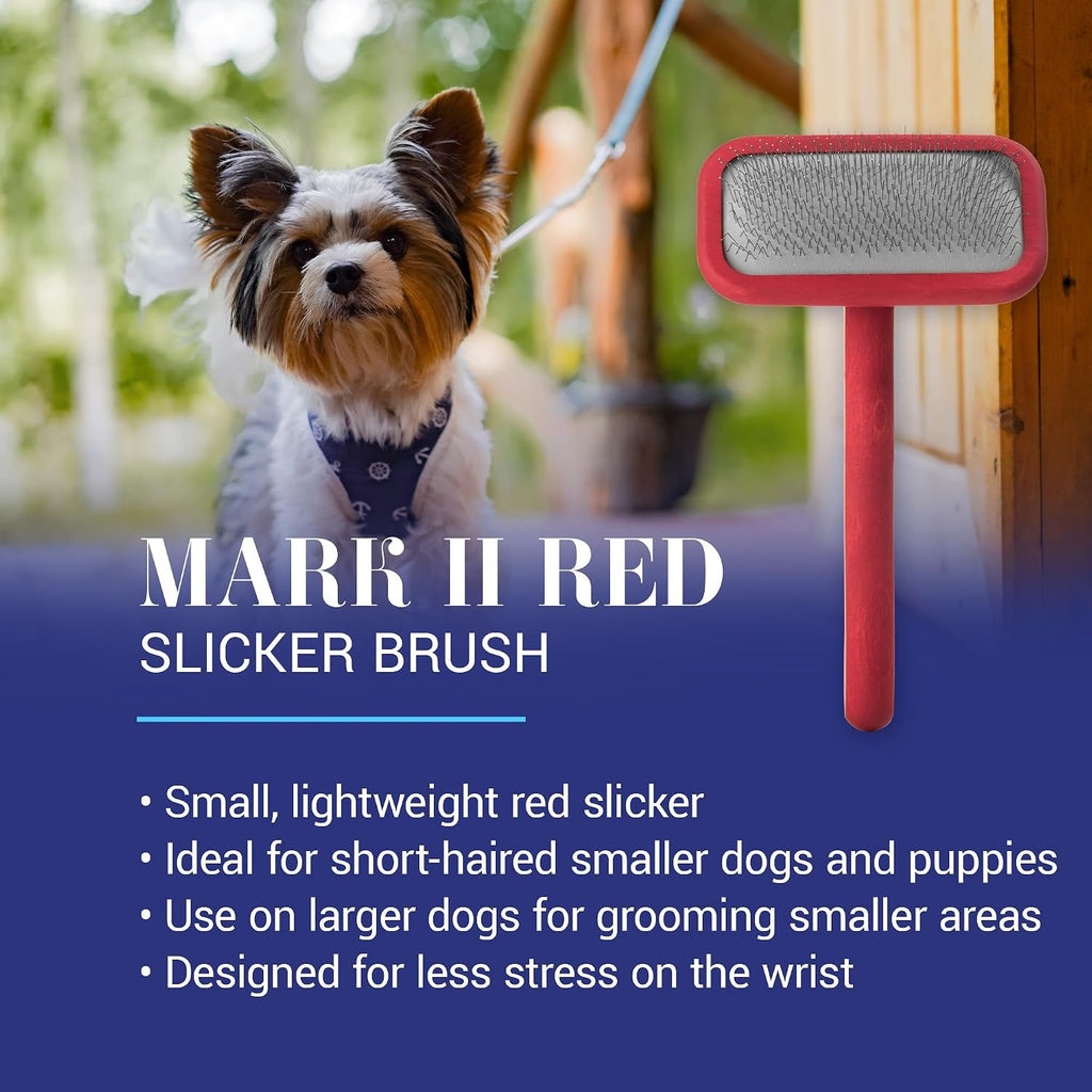 Chris Christensen Mark II Slicker Brush, Groom Like a Professional, Stainless Steel Pins, Lightweight Beech Wood Body, Ground and Polished Tips, Red Small 