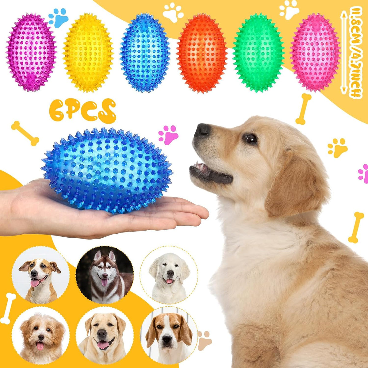 Gemscream 6 Pcs 4.7'' Squeaky Dog Toy Balls for Teething, 6 Colors