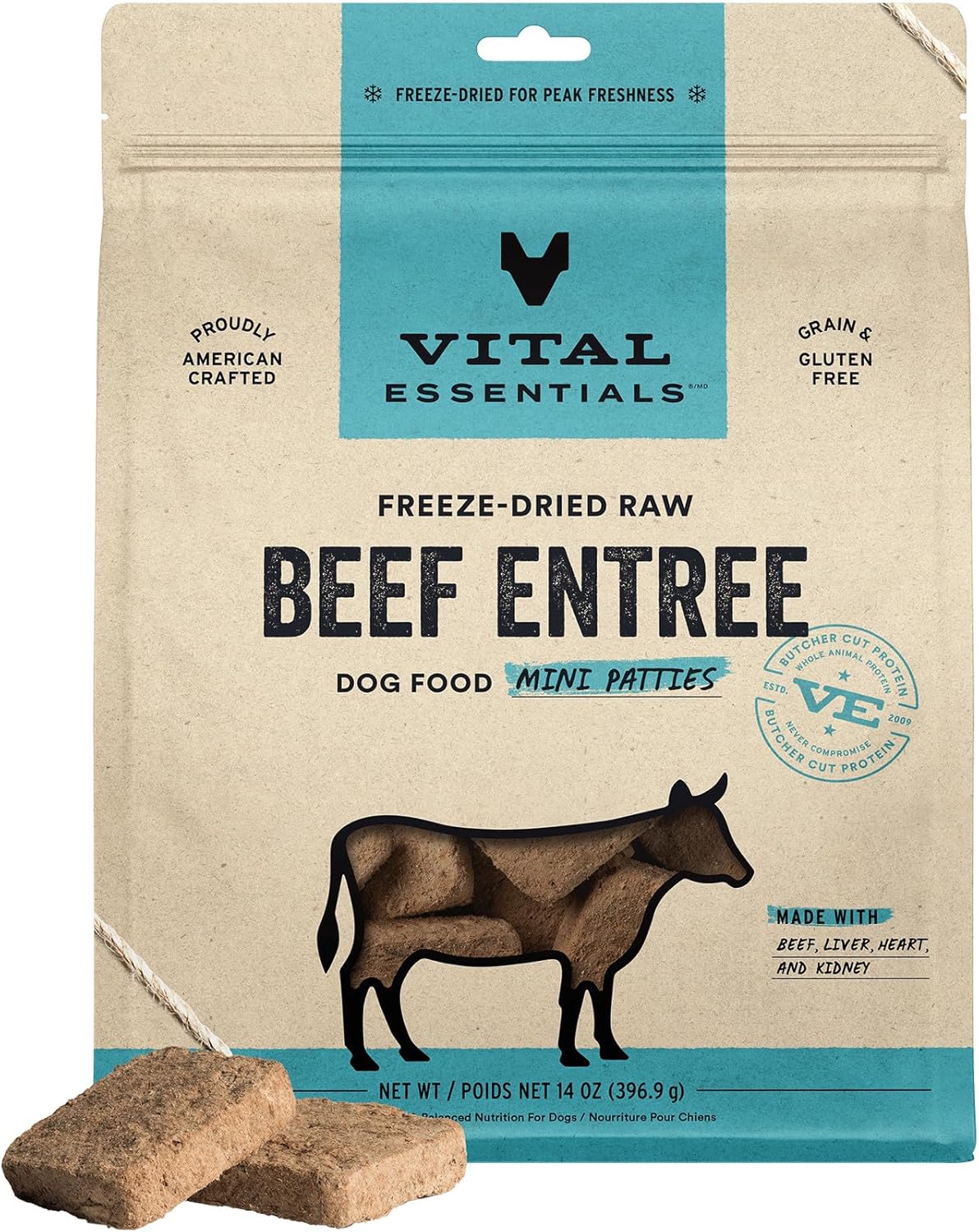 Vital Essentials Freeze Dried Dog Food, Beef Mini Patties, 14 oz Bag