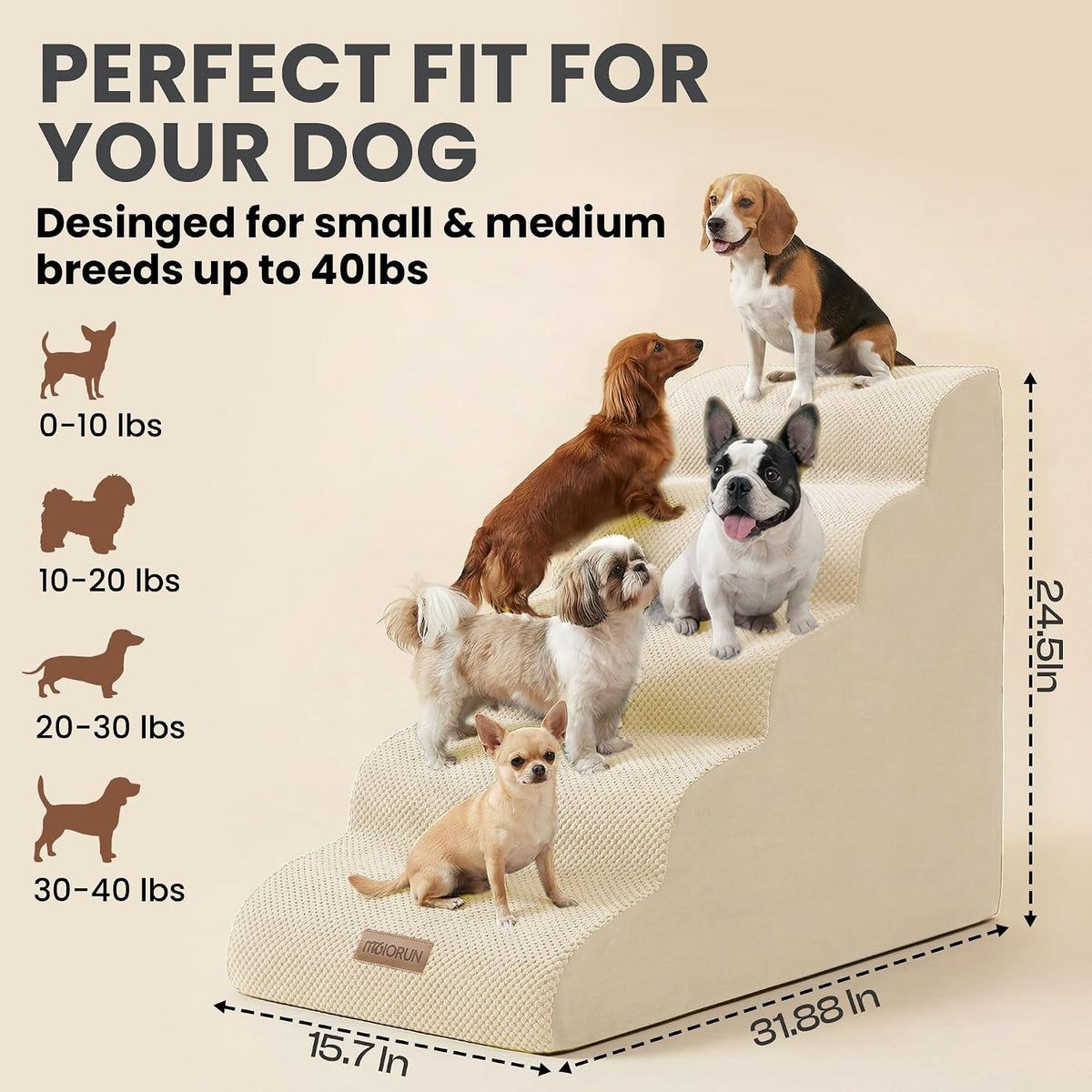 Miorun Dog Stairs for High Beds, 24.5" Foam Pet Ramp Step for Small Dogs