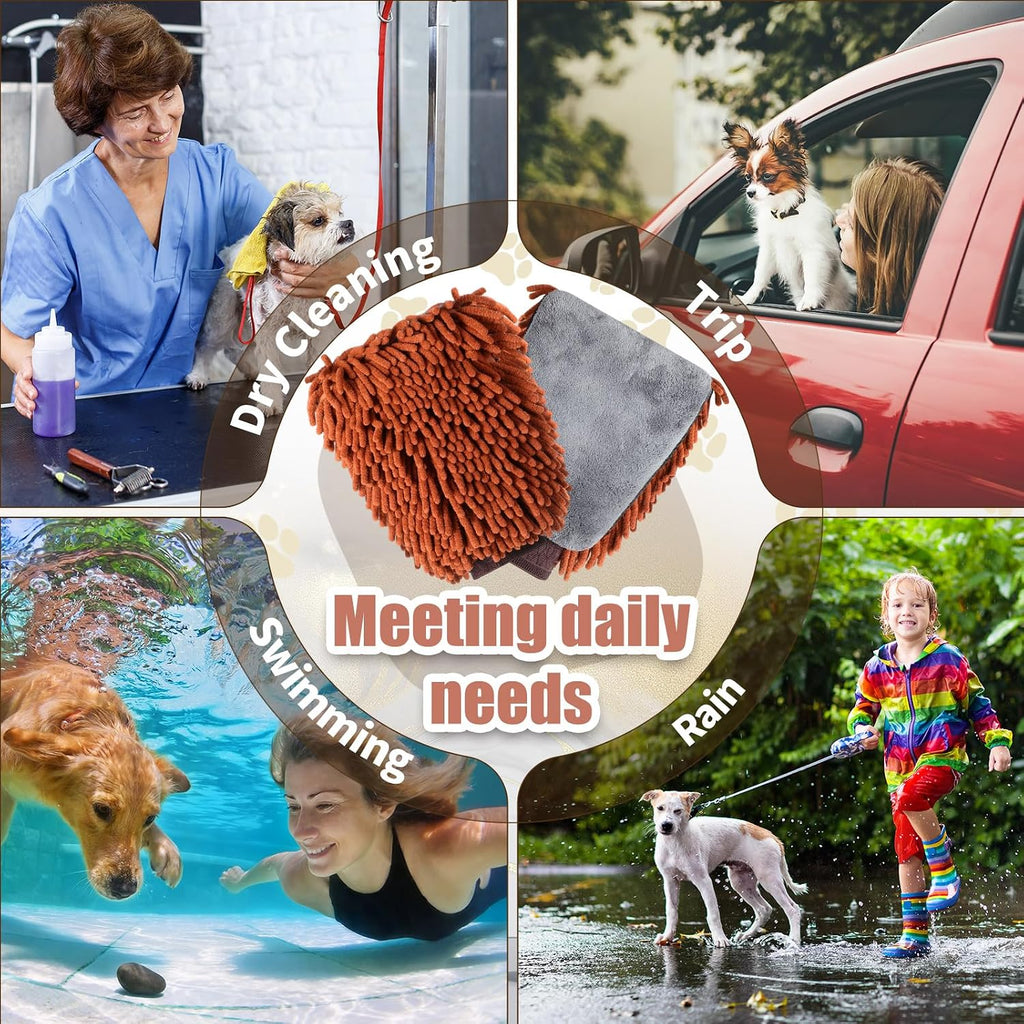 Teenyyou 2 Pcs Dog Towel Chenille Microfiber Pet Grooming Gloves,Brown