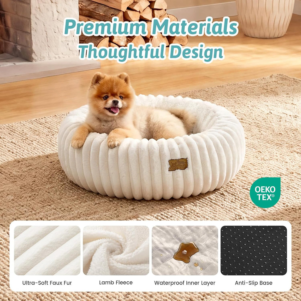 COZY KISS Calming Large Cat Bed, Donut Medium Dog Bed, 26in Cream