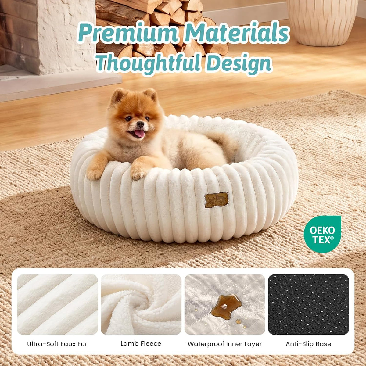 COZY KISS Calming Large Cat Bed, Donut Medium Dog Bed, 26in Cream