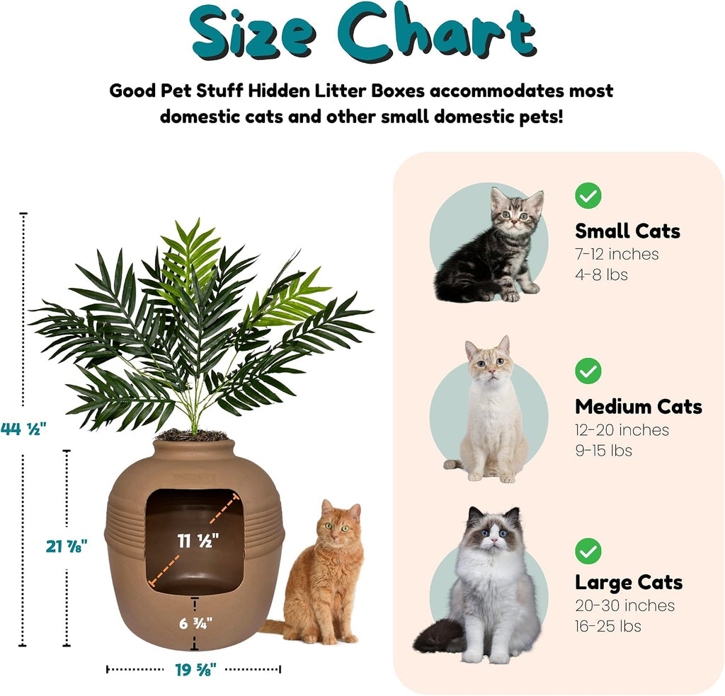 Good Pet Stuff Original Hidden Litter Box Planter, Decorative Cat Litter Enclosure, Carbon Filter, Faux Plant, Round Design, Easy To Clean, Base Kit, Palm Plant, Terracotta Brown
