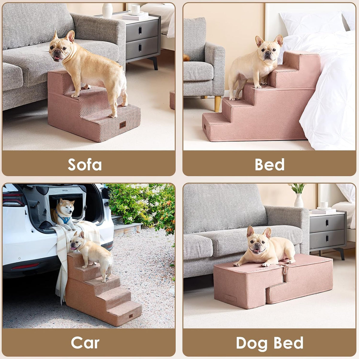 EHEYCIGA Dog Stairs for Small Dogs 13.5" H, 3-Step Dog Steps for Cats, Pink