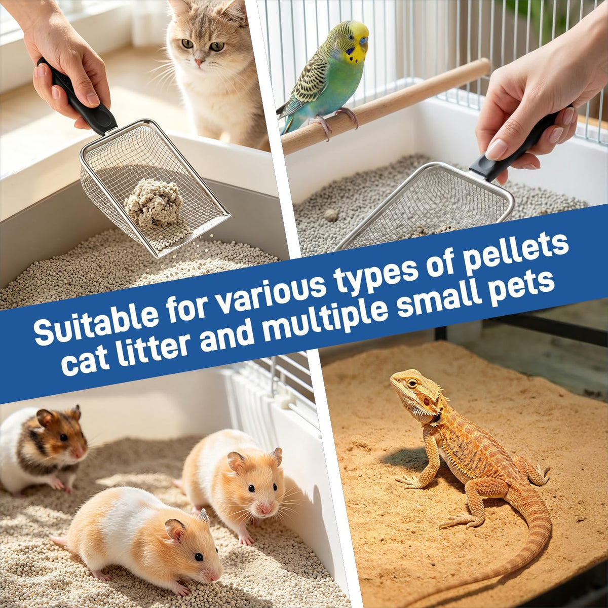 Stainless Steel Metal Cat Litter Scoop with 3.8mm Mesh, Sticky Hang Hook