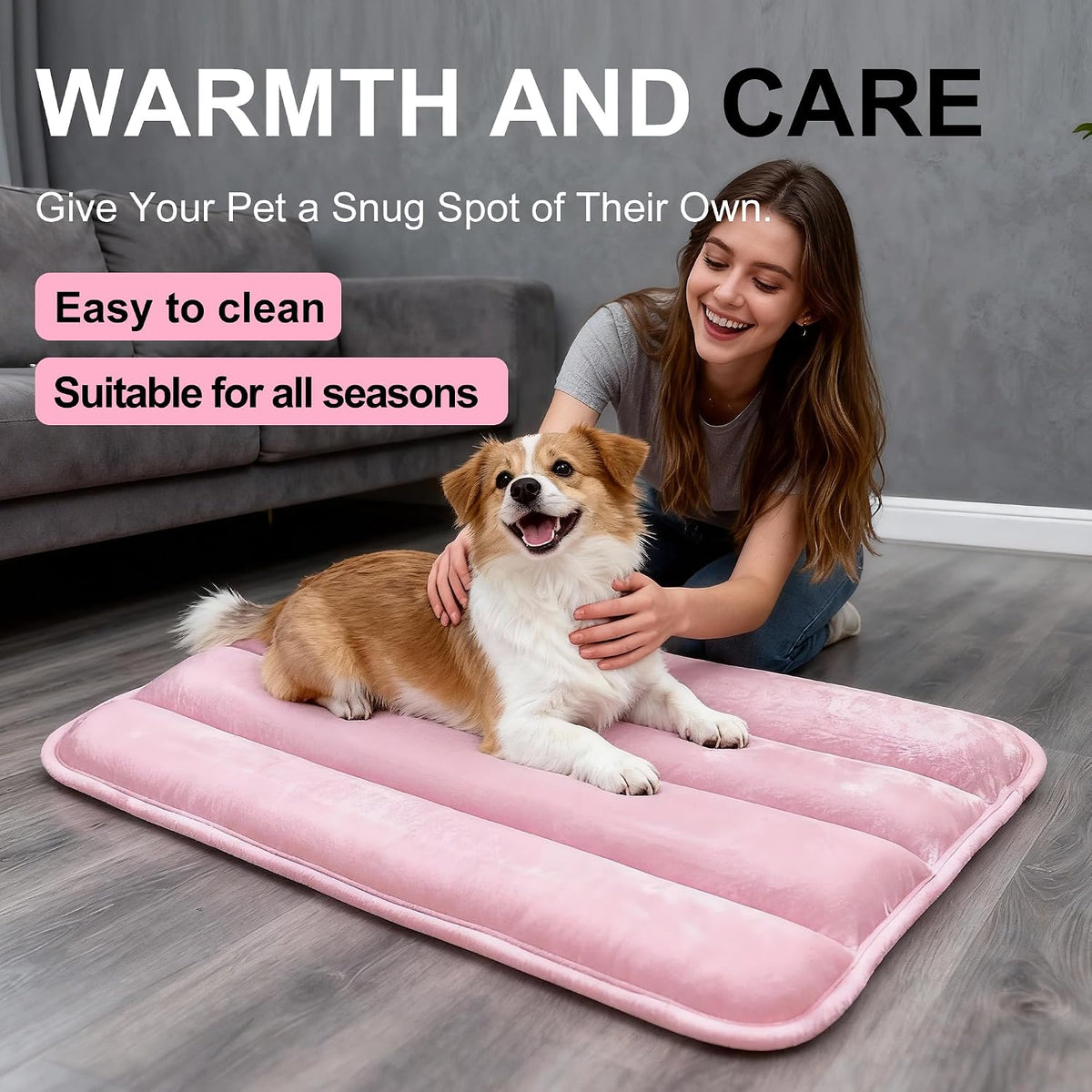 Dog Bed Mat, Reversible Dog Crate Pad with Washable Kennel Mat and Soft Foam, Flat Pet Bed for Dogs & Cats, for Crates Carriers & Travel (Pink, 28" L*16" W*1.5" Th)