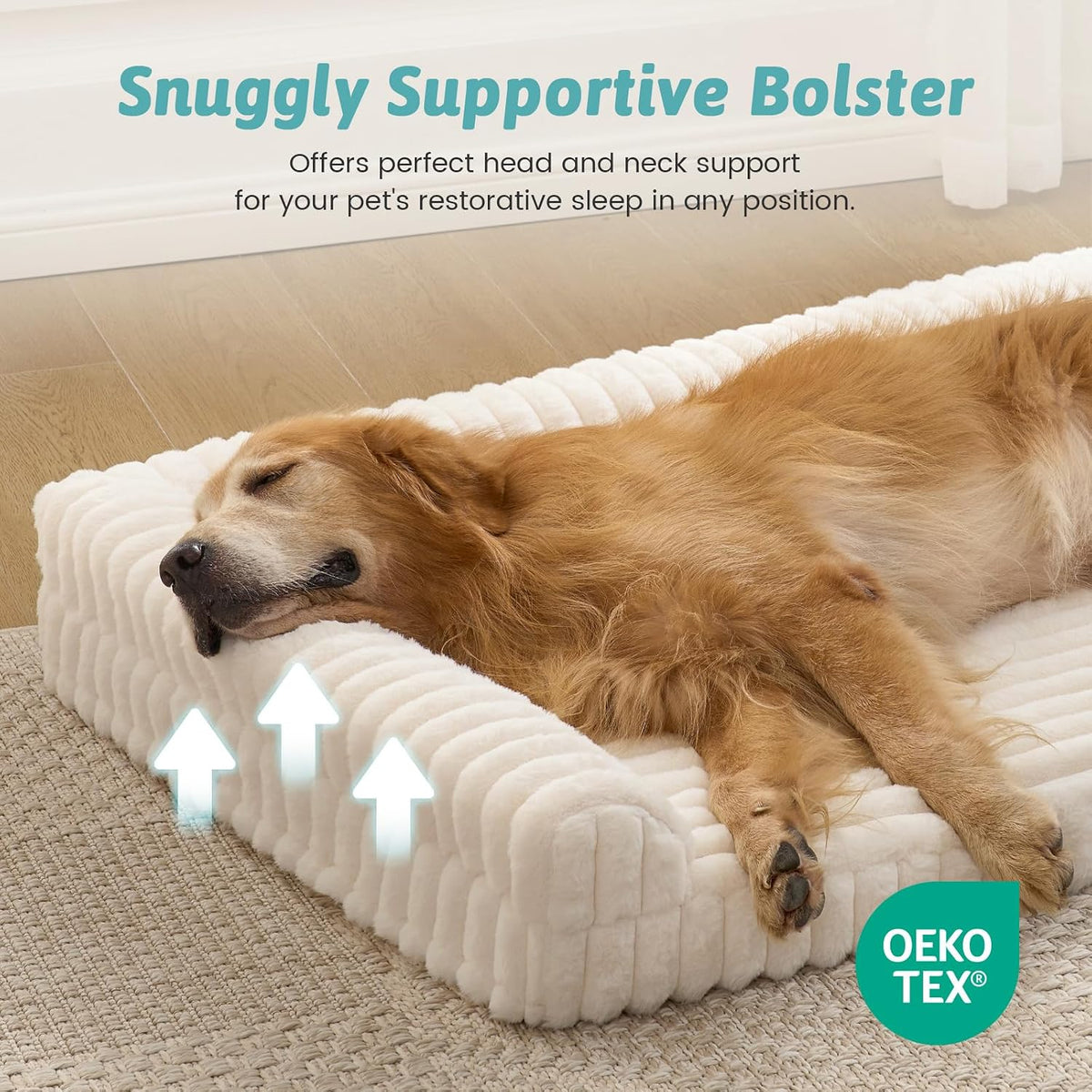 COZY KISS Faux Rabbit Fur Large Dog Bed – 44"x32" Orthopedic Foam Couch with Sides, Removable Washable Cover & Waterproof Lining, Cream