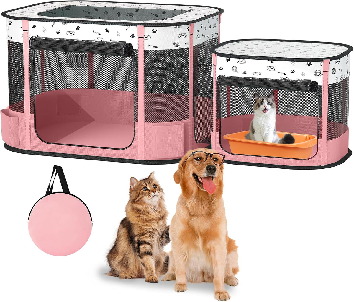 Portable Cat Playpen with Litter Box Area, Foldable Pet Dog Playpen