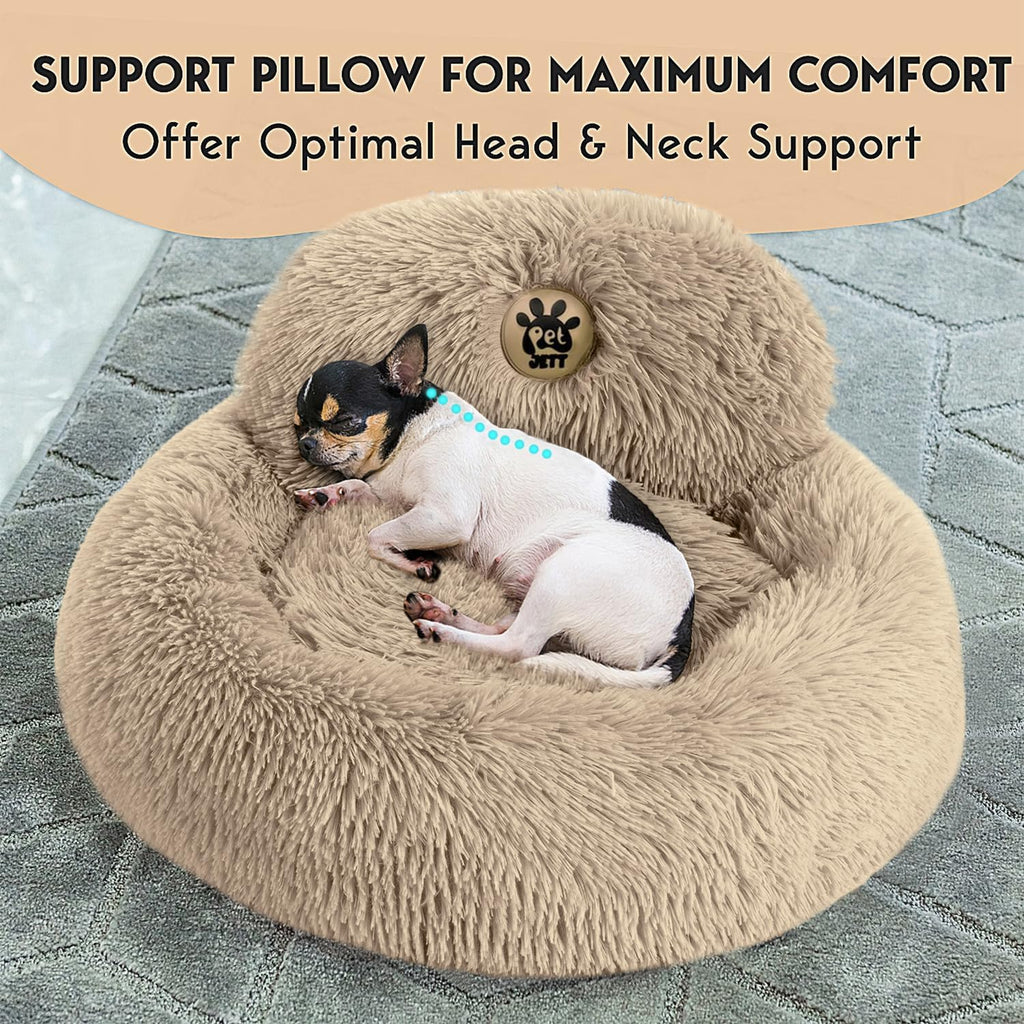 PetJett Calming Dog Beds for Small Dogs – 23" Donut Dog Beds, Anti-Slip & Washable Puppy Bed - Fluffy Plush Faux Fur Pet Bed, Anti-Anxiety Premium Comfort Round Pillow, Fits Dogs up to 25 lbs – Beige