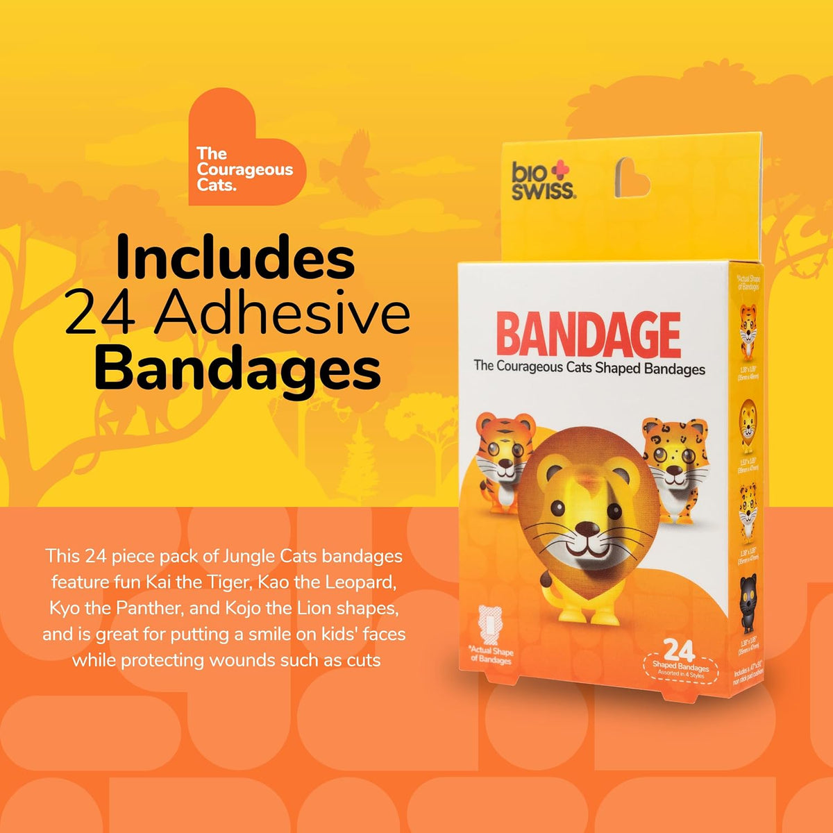 BioSwiss Bandages, Courageous Cats Shaped Self Adhesive Bandage Set, Latex Free, Sterile Wound Care, 24 Count