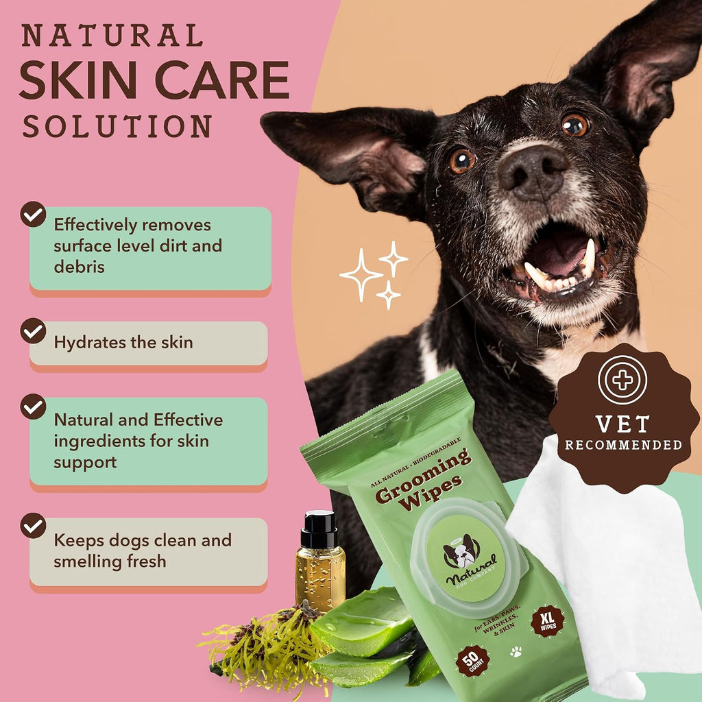 Natural Dog Company XL Dog Wipes for Paws and Butt - Hypoallergenic, Biodegradable, Fragrance Free - Large 7×8 inch Grooming Wipes for Dogs Face and Body - Sensitive Skin Pet Wipes - 50 Count 